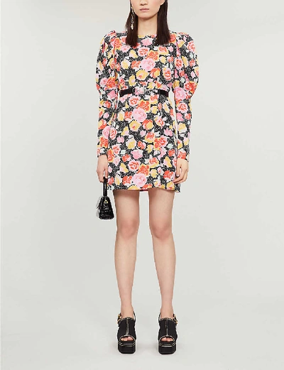 Shop Topshop Floral-print Puffed-sleeve Crepe Mini Dress In Multi