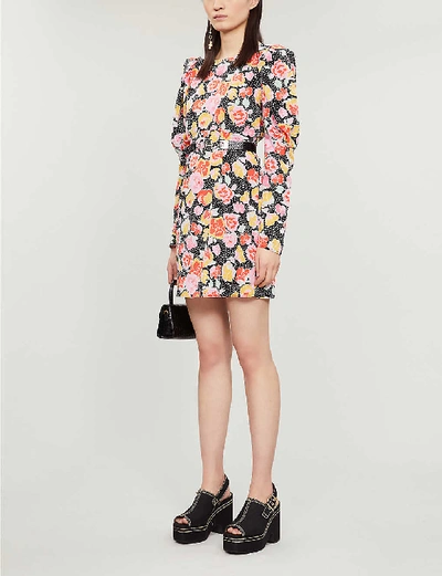 Shop Topshop Floral-print Puffed-sleeve Crepe Mini Dress In Multi