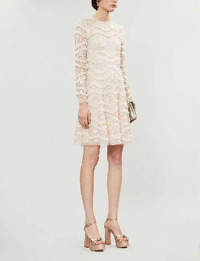 Shop Needle & Thread Ruffle Bloom Floral-embellished Tulle Mini Dress In Pearl Rose Champagne