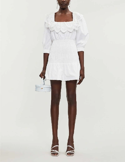 Shop Self-portrait Lace-detail Organic-cotton Poplin Mini Dress In White