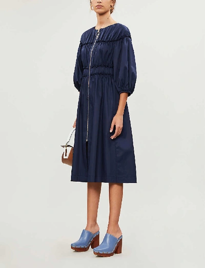 Shop Kitri Puffed-sleeve A-line Poplin Midi Dress In Navy