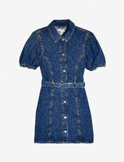 Shop Topshop Puffed Sleeve Denim Mini Dress