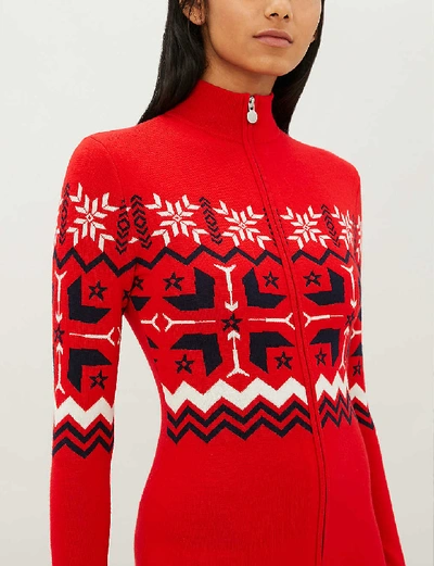 Shop Perfect Moment High-neck Fairisle-pattern Knitted Ski Suit In Red
