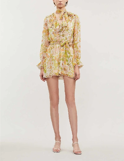 Shop Zimmermann Ruffled V-neck Silk-blend Mini Dress In Pink Meadow