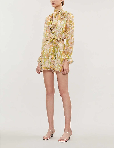 Shop Zimmermann Ruffled V-neck Silk-blend Mini Dress In Pink Meadow