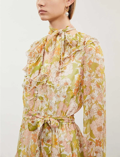 Shop Zimmermann Ruffled V-neck Silk-blend Mini Dress In Pink Meadow