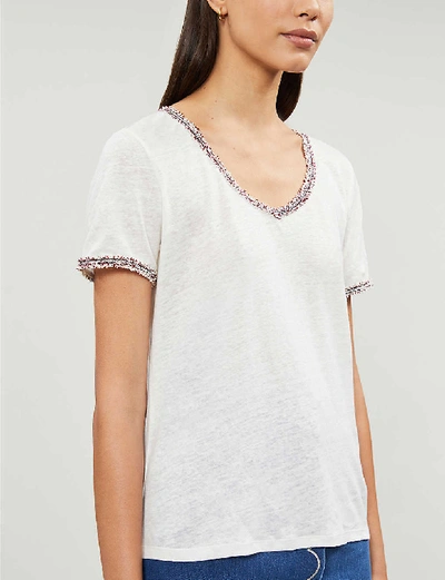 Shop Claudie Pierlot Tango Twill-trimmed Linen T-shirt In Ecru