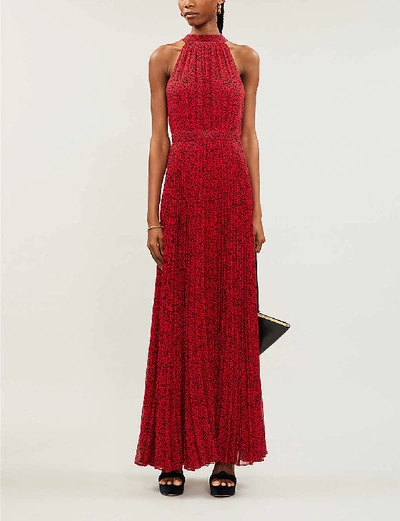 Shop Alice And Olivia Kelissa Halter-neck Pleated Printed Crepe Maxi Dress In Mini Leopard Ruby Black