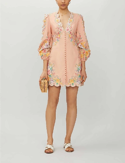 Shop Zimmermann Zinnia Floral-print Linen And Cotton-blend Mini Dress In Coral+floral