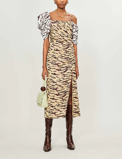 Shop Rejina Pyo Amelia Tiger-print Satin Midi Dress In Beige