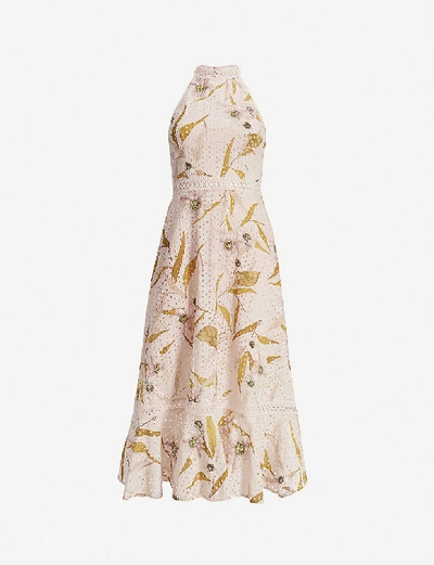 Shop Ted Baker Womens Lt-pink Floxyy Cabana Floral-print Lace-trimmed Cotton Midi Dress 14