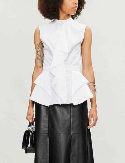 Shop Alexander Mcqueen Ruffle-trim Sleeveless Cotton-poplin Shirt In Optical White