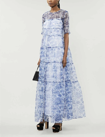 Shop Staud Toile-print Sheer Organza Dress In China Blue