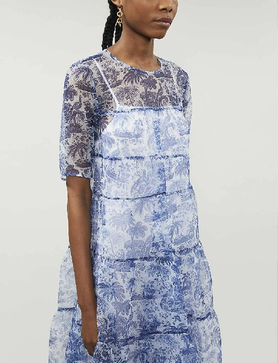 Shop Staud Toile-print Sheer Organza Dress In China Blue