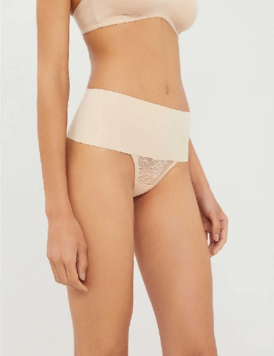 Shop Spanx Undie-tectable High-rise Woven And Floral-mesh Thong In Soft+nude