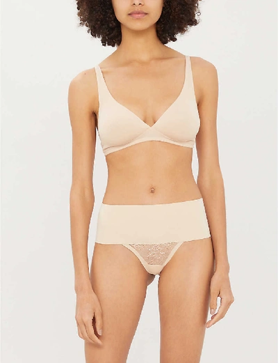 Shop Spanx Undie-tectable High-rise Woven And Floral-mesh Thong In Soft+nude