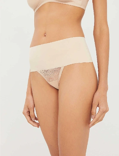 Shop Spanx Undie-tectable High-rise Woven And Floral-mesh Thong In Soft+nude
