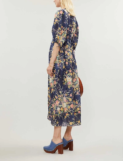 Shop Zimmermann Zinnia Floral-print Linen Midi Dress In Colbalt Floral