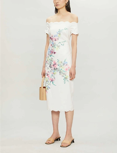 Shop Ted Baker Pergola Off-the-shoulder Floral-print Stretch-crepe Midi Dress In Ivory