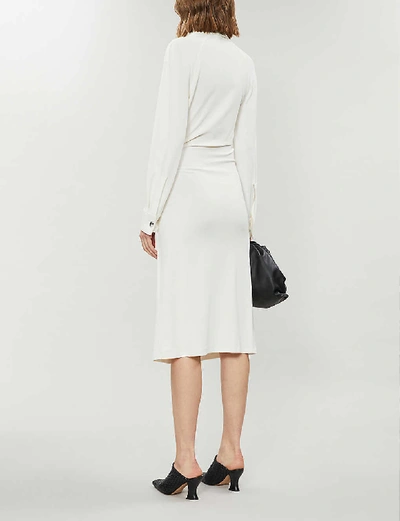 Shop Bottega Veneta Ring-trim Gathered Stretch-ponté Midi Dress In Optic+white