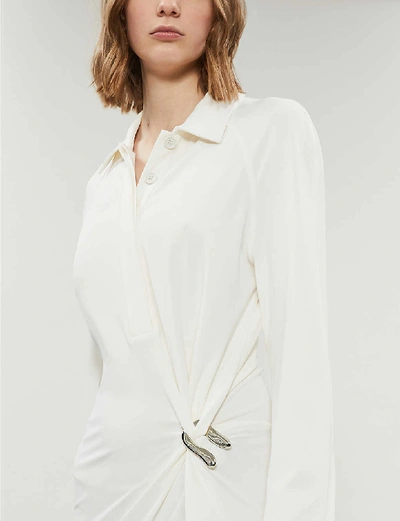 Shop Bottega Veneta Ring-trim Gathered Stretch-ponté Midi Dress In Optic+white