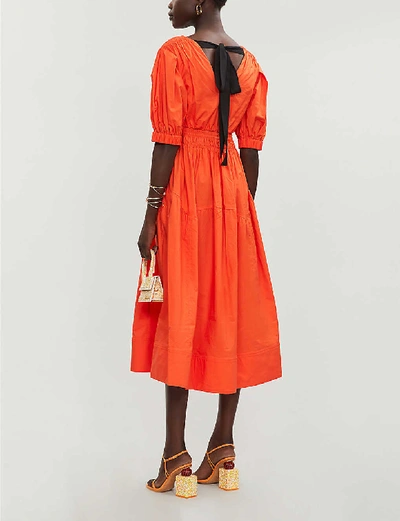 Shop Self-portrait V-neck Organic-cotton Poplin Midi Dress In Orange