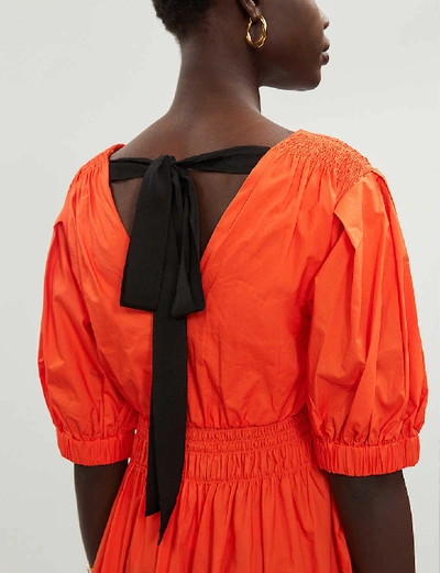 Shop Self-portrait V-neck Organic-cotton Poplin Midi Dress In Orange