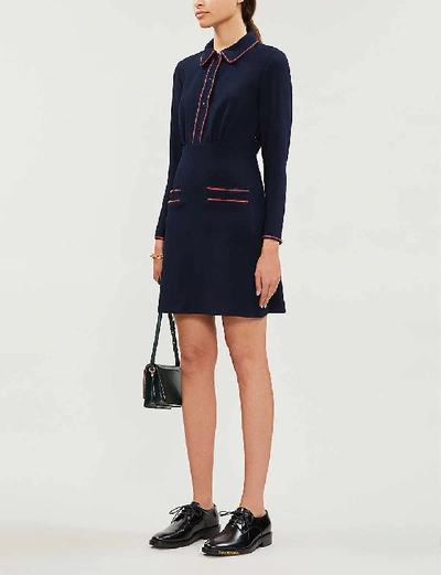 Shop Sandro Contrast-piping Crepe Mini Dress In Navy Blue