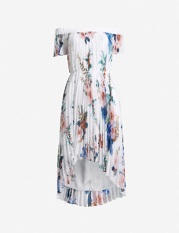 pleated off the shoulder maxi dress