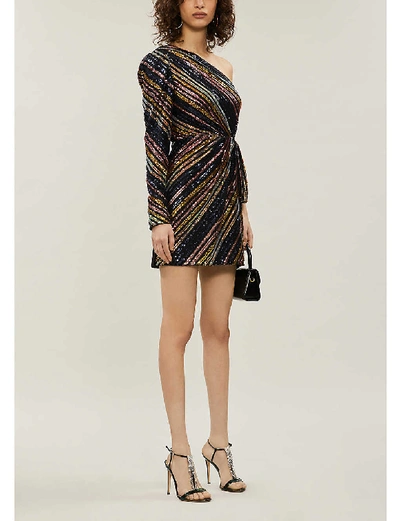 Shop Self-portrait One-shoulder Sequin-embellished Velvet And Tulle Mini Dress In Multi