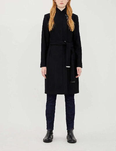 Shop Ted Baker Womens Black Embellished-trim Wool-blend Wrap Coat 10