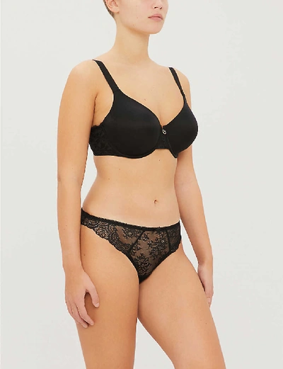 Shop Aubade Lysessence Floral Lace-trimmed Mesh Underwired Bra In Black