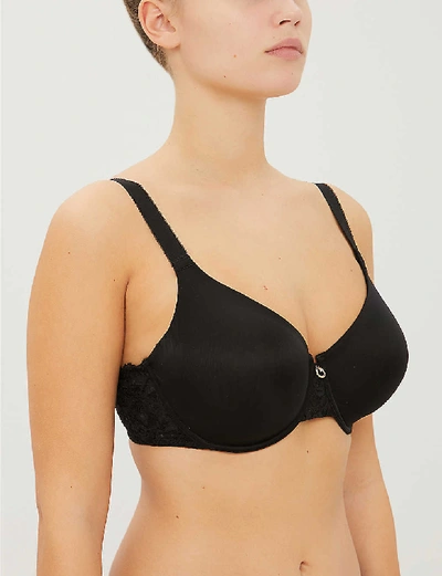 Shop Aubade Lysessence Floral Lace-trimmed Mesh Underwired Bra In Black