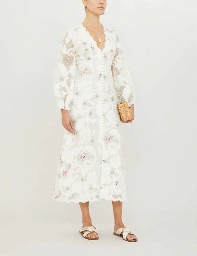 Shop Zimmermann Zinnia Floral-print Woven Midi Dress In Ivory+multi