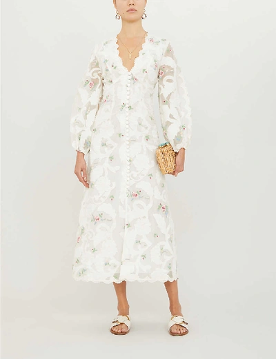 Shop Zimmermann Zinnia Floral-print Woven Midi Dress In Ivory+multi