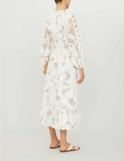 Shop Zimmermann Zinnia Floral-print Woven Midi Dress In Ivory+multi