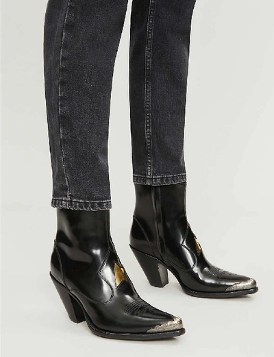 Shop Topshop Tapered Leg Mom-fit High-rise Jeans In Washed+black