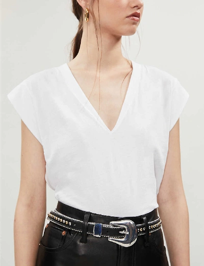 Shop Frame Le High Rise V-neck Cotton-jersey T-shirt In Blanc