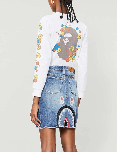 Shop Bape High-waist Shark Logo-embroidered Denim Mini Skirt In Light Blue Denim