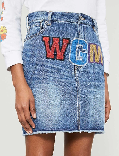 Shop Bape High-waist Shark Logo-embroidered Denim Mini Skirt In Light Blue Denim