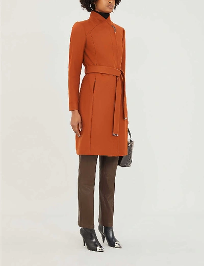 Shop Ted Baker Embellished-trim Wool-blend Wrap Coat In Tan