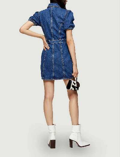 Shop Topshop Puffed Sleeve Denim Mini Dress