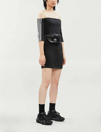 Shop Adidas Originals Striped Off-the-shoulder Cotton-jersey Mini Dress In Black