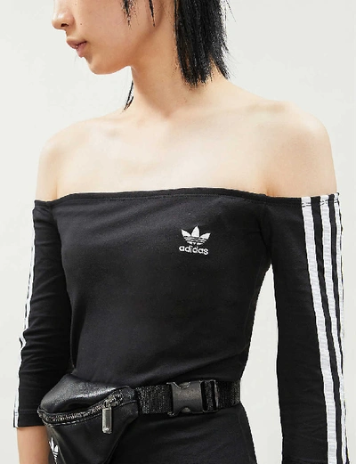 Shop Adidas Originals Striped Off-the-shoulder Cotton-jersey Mini Dress In Black