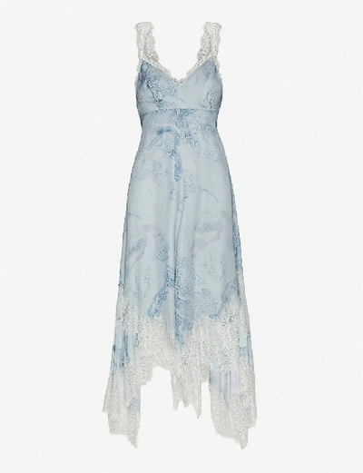 Shop Allsaints Skylar Hatsukoi Lace-trimmed Printed Satin Midi Dress In Powder+blue