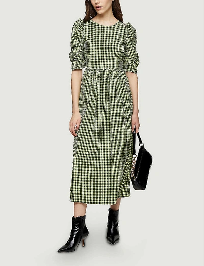 Shop Topshop Gingham Lace-up Back Woven Midi Dress In Lime