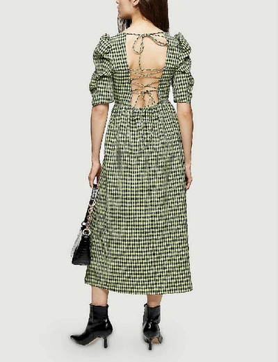 Shop Topshop Gingham Lace-up Back Woven Midi Dress In Lime