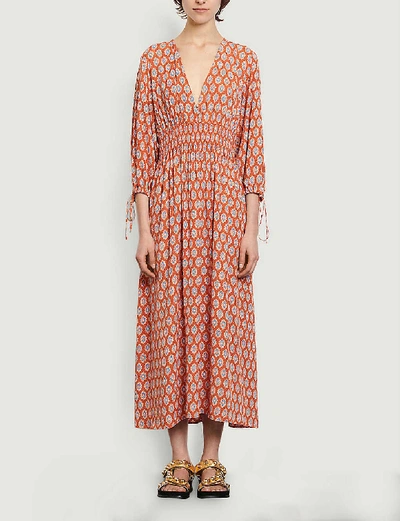 Shop Sandro Roche Graphic-print Crepe Maxi Dress In Rust