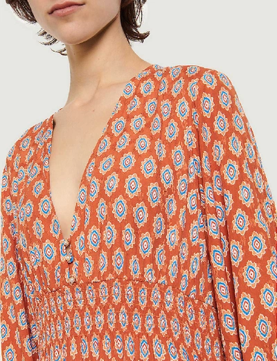 Shop Sandro Roche Graphic-print Crepe Maxi Dress In Rust