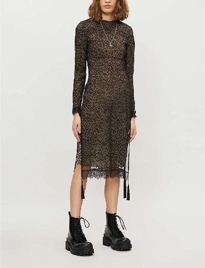 Shop Allsaints Kiara Layered Lace-trimmed Leopard-print Woven Midi Dress In Taupe+brown